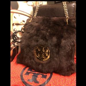 TORY BURCH Fur Tote Bag Purse w/ Gold chain strap